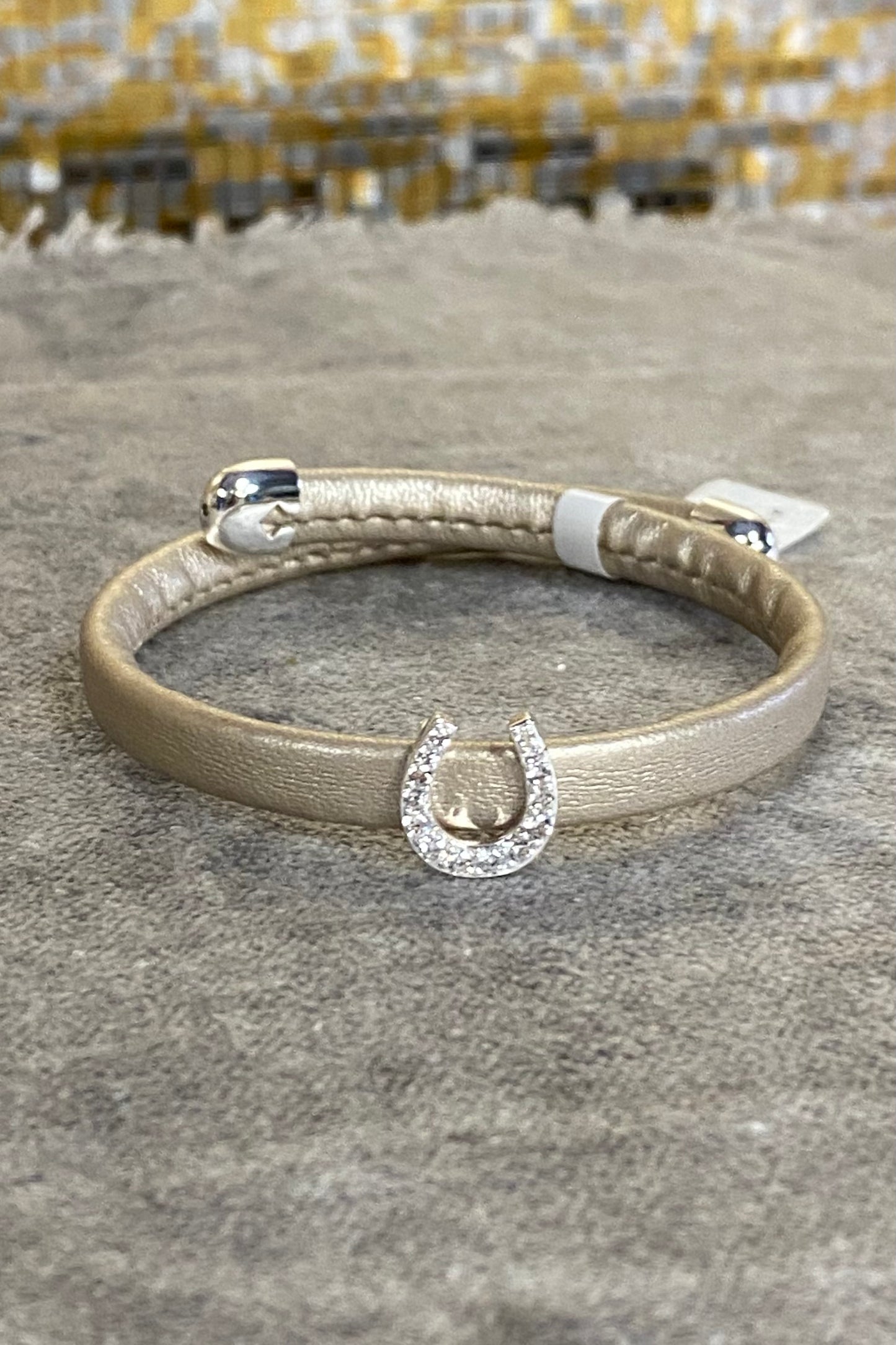 Gold Vegan Leather Wrap Bracelet with Silver Horseshoe CZs