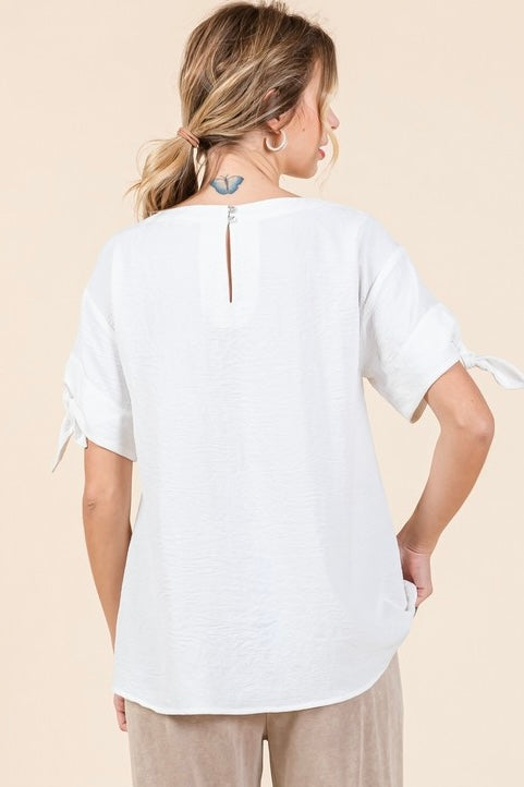 Jodifl White Short Sleeve Top with Tie Sleeve H40204