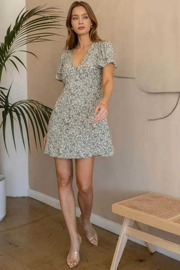 Light Olive Floral Button Up Short Sleeve Dress