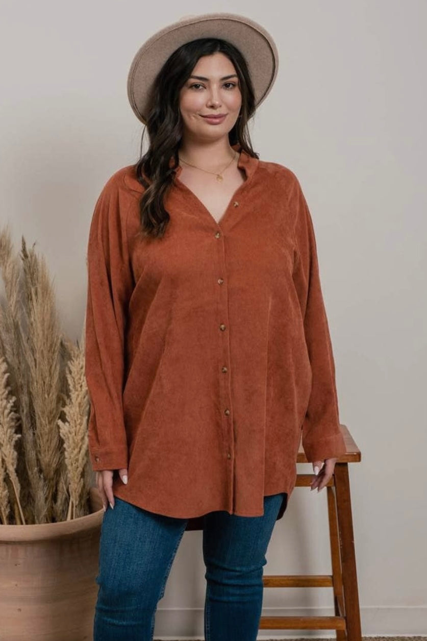 SALE!  Plus Corduroy Top (Shacket) with Side Pockets in Terracota- reg. $36.99