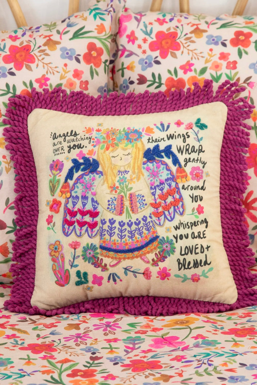 Natural Life Tufted Boho Pillow- Angels Are Watching Over You