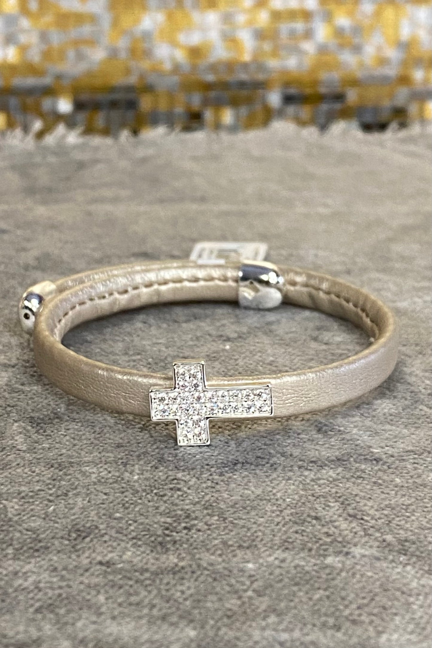 Gold Vegan Leather Wrap Bracelet with Silver Cross CZs