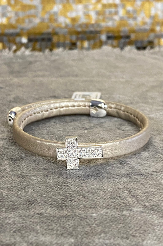 Gold Vegan Leather Wrap Bracelet with Silver Cross CZs