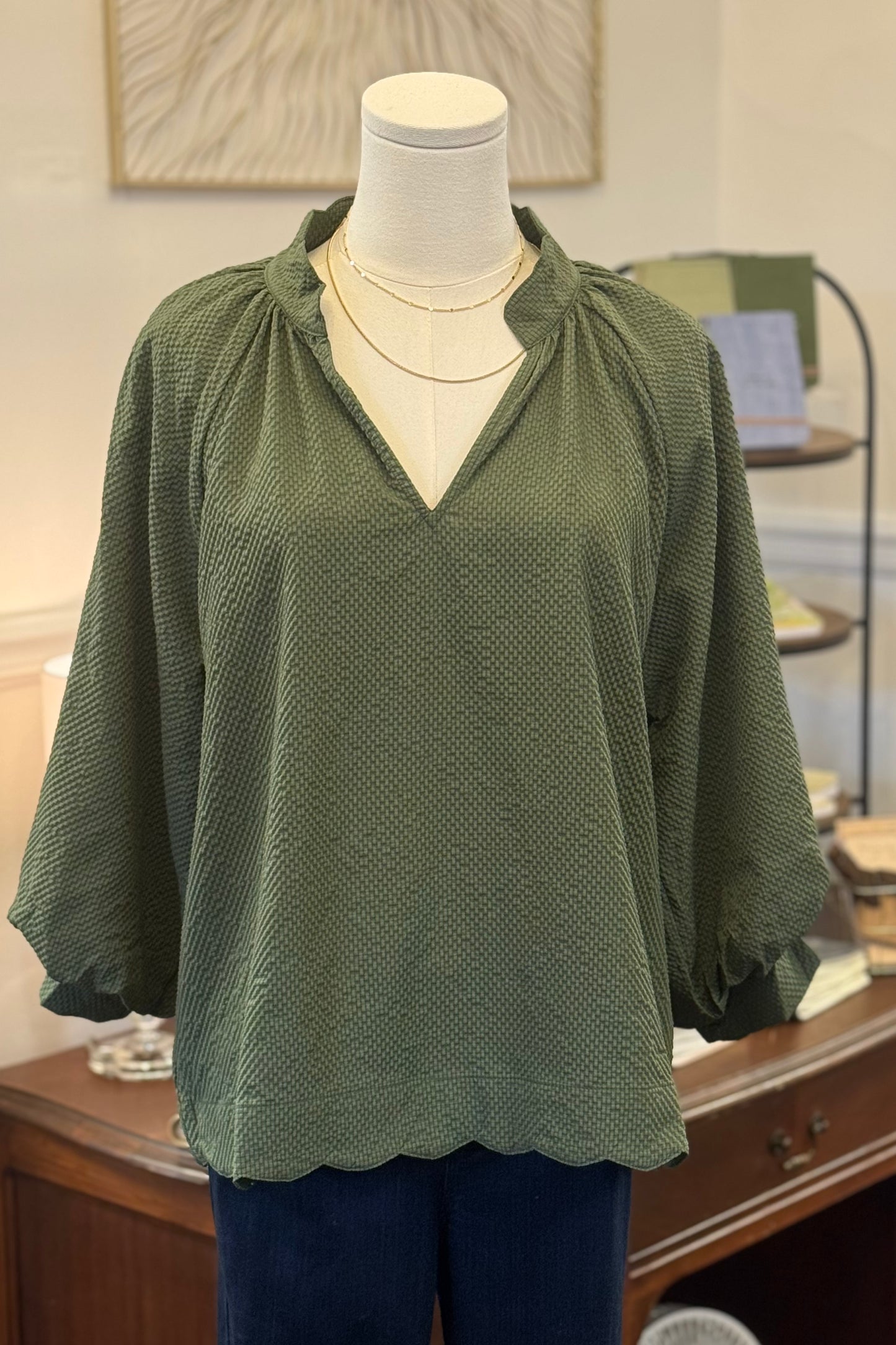 Umgee Olive Green Scalloped Hem Top