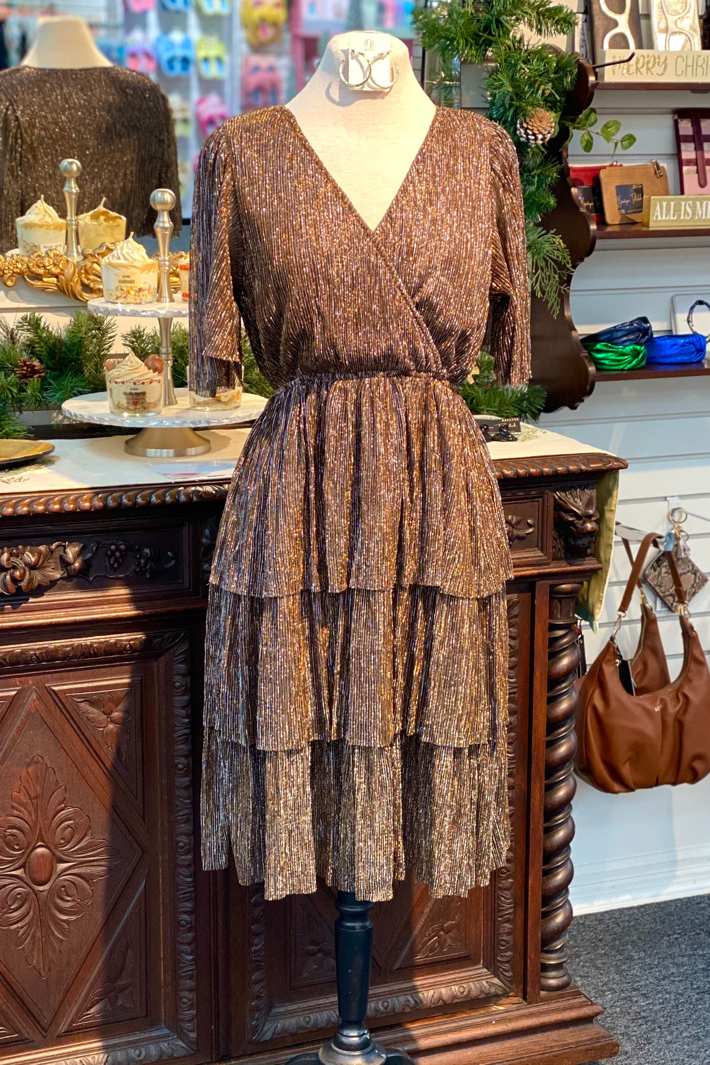 Easel Espresso Brown Sparkle Lurex Tiered Dress with Flowy Sleeve