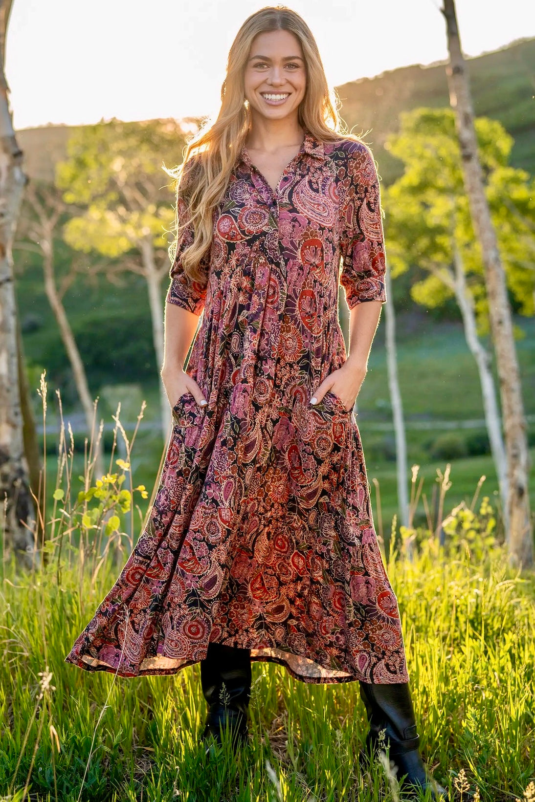 Natural Life Rebecca Butter Soft Midi Dress in Black Sketched Paisley