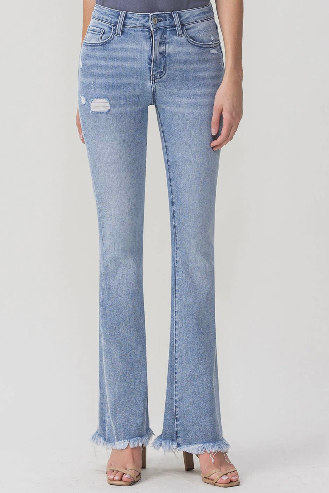 High Rise Stretch Slim Flare Fray Hem Jean in Light Denim