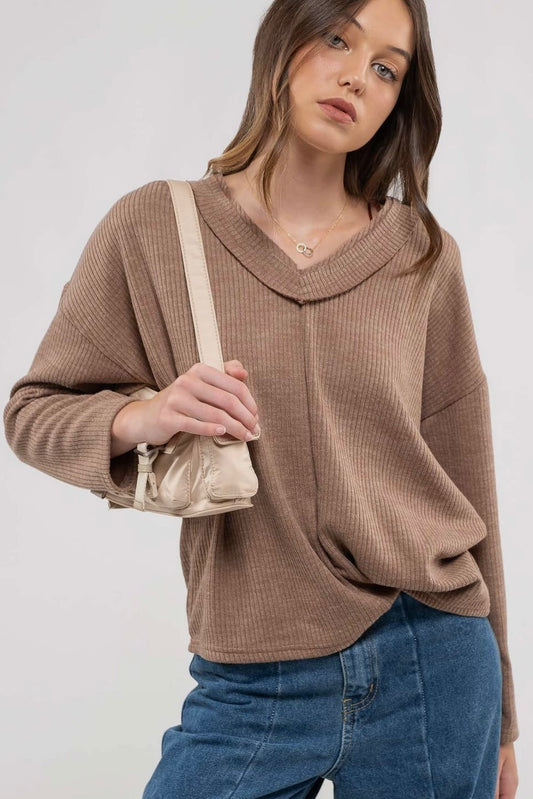 Cocoa Brown Oversized Ribbed V Neck Lightweight Sweater Top