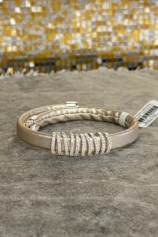 Gold Vegan Leather Wrap Bracelet with Silver Spiral CZs