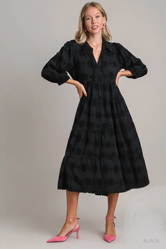 Umgee Black Dotted Jacquard 3/4 Sleeve Midi Dress with Ruffle Tiers