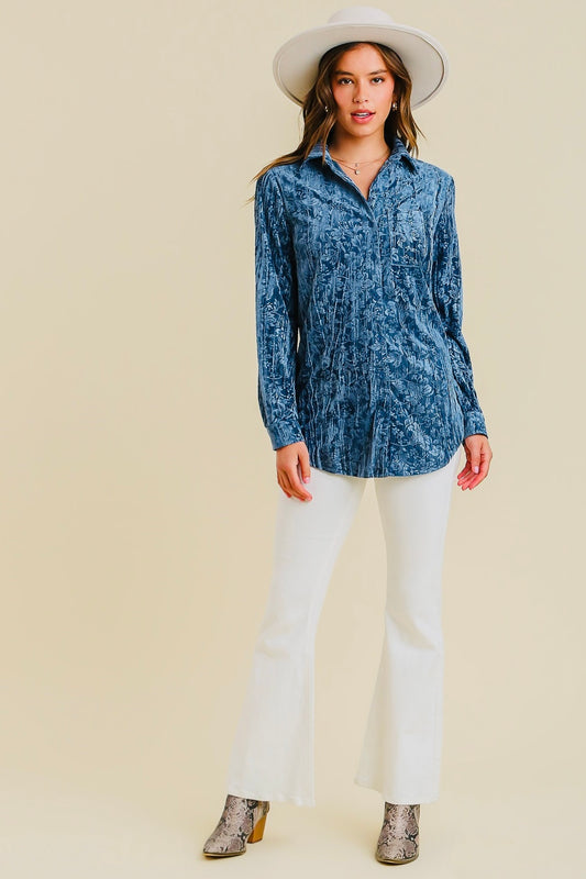 Umgee Slate Blue Floral Print Velvet Button Up Top