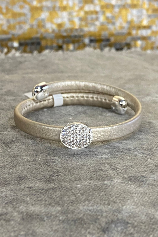 Gold Vegan Leather Wrap Bracelet with Silver Oval CZs