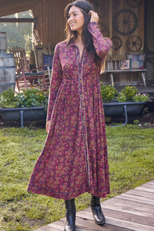 Natural Life Christa Cotton Midi Dress in Cranberry Brown Floral