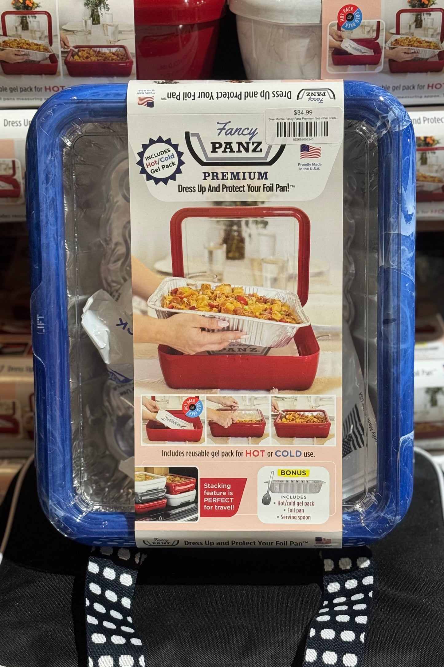Fancy Panz Blue Marble Premium Set - Pan Frame with Lid, Hot/Cold Gel Pack, and Serving Spoon