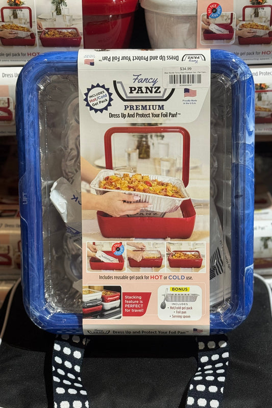 Fancy Panz Blue Marble Premium Set - Pan Frame with Lid, Hot/Cold Gel Pack, and Serving Spoon