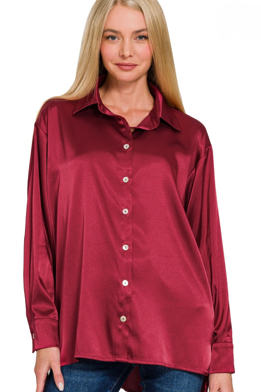 Burgundy Satin Button Down Blouse