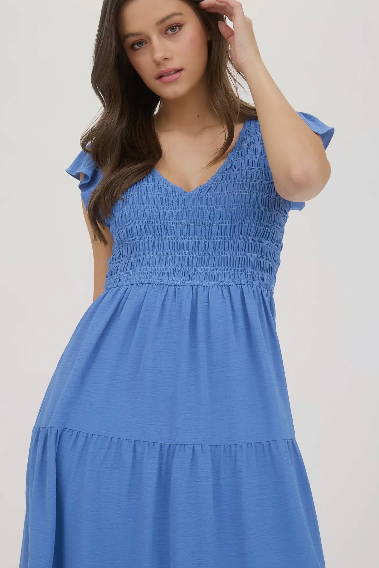 Dusty Blue Flutter Sleeve Smocked Tiered Midi Dress