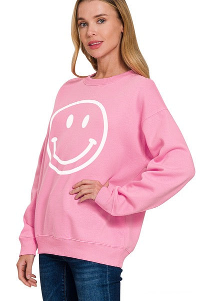 Candy Pink Brushed Fleece Smiley Face Sweatshirt