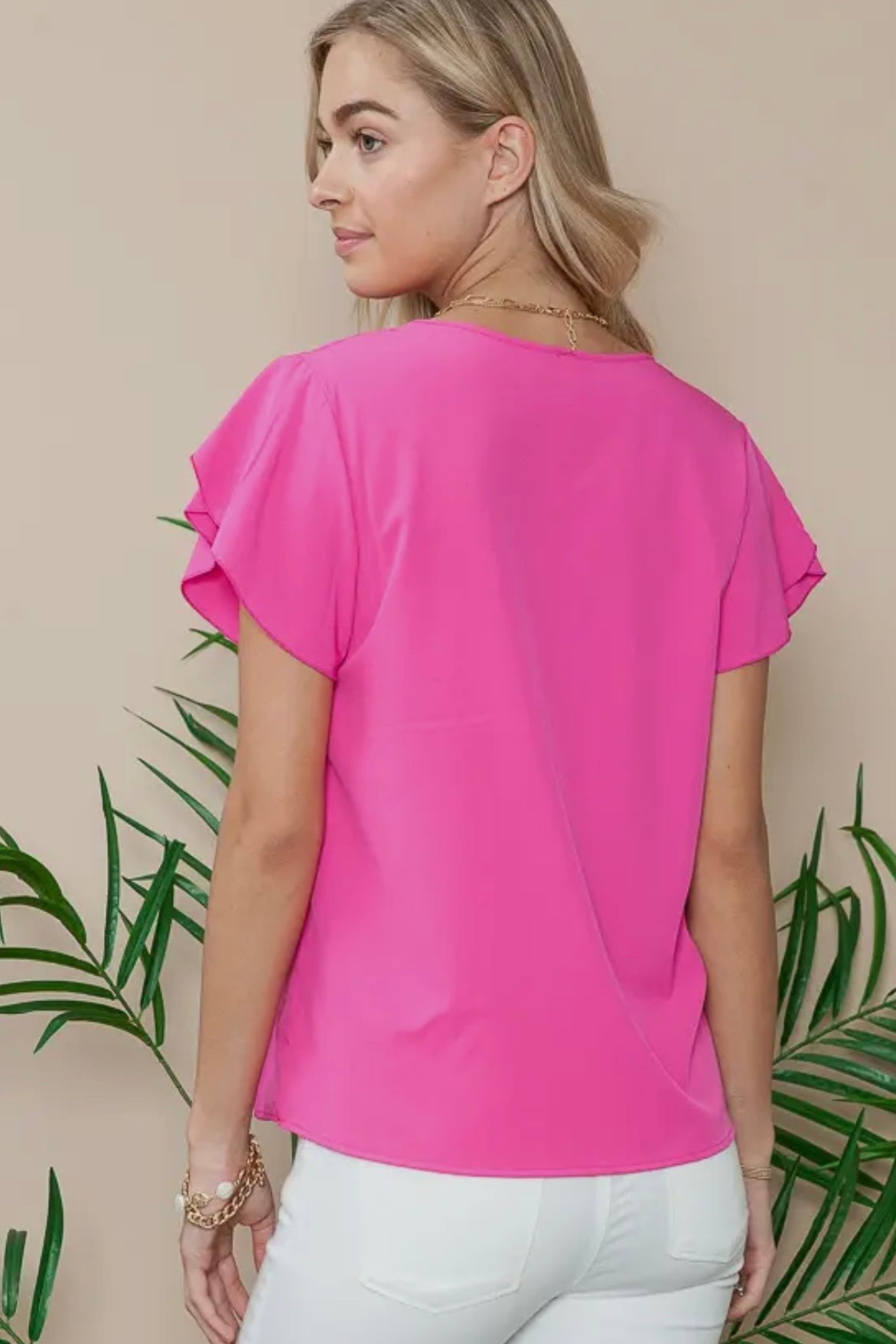 Hot Pink V Neck Top with Tulip Sleeves