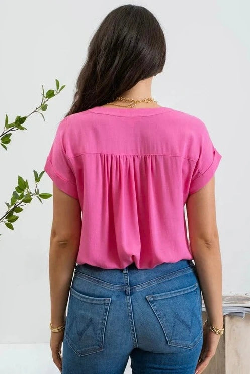 Light Fuchsia Short Roll Sleeve Button Down Shirt