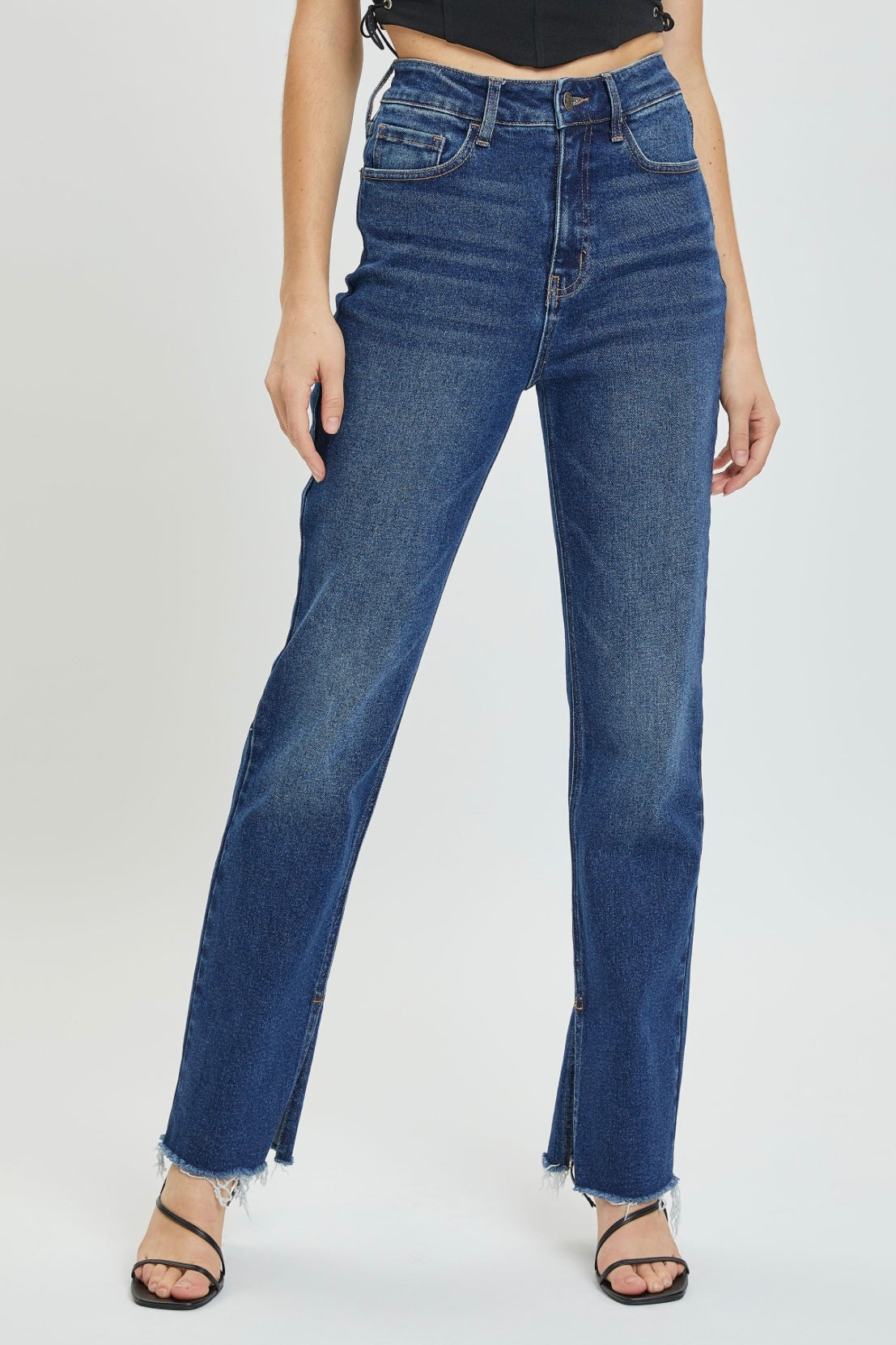 Cello High Rise Full Length Straight Leg Jean with Inseam Slit and Distressed Hem