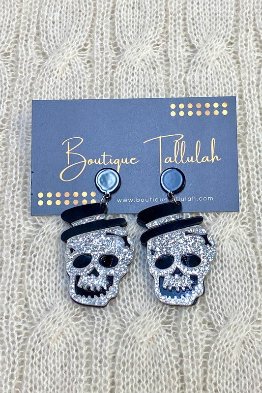 Skullie Silver Glitter Acrylic Dangle Earrings