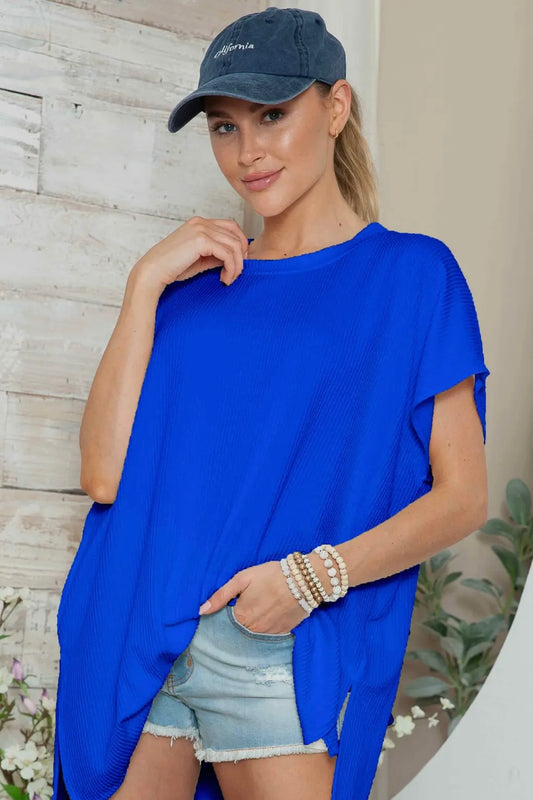 Royal Blue Ribbed Mineral Washed Oversized Stretchy Top with Side Slits