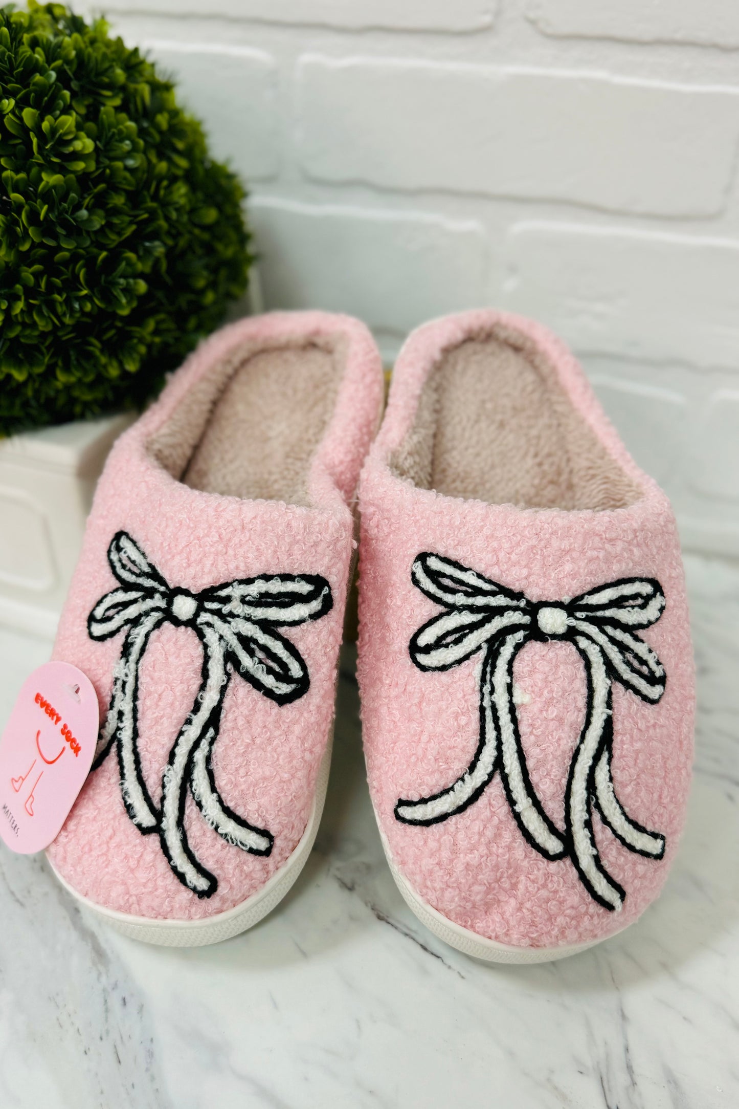 Pink and White Ribbon Bow Slippers