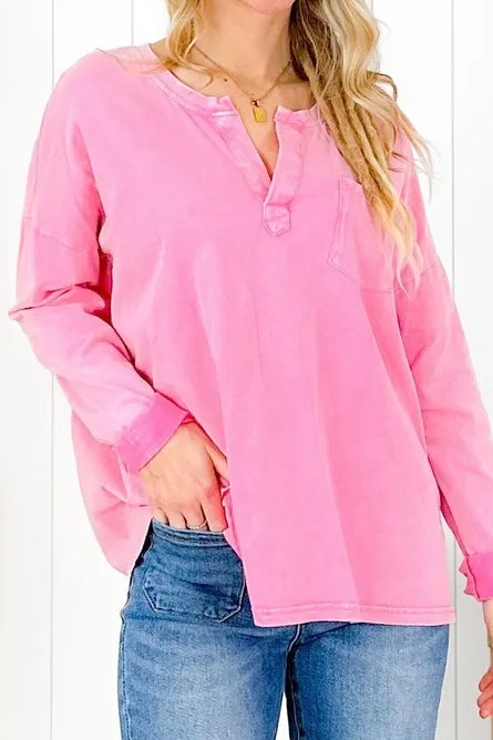 Easel Bubblegum Pink Mineral Washed Long Sleeve Pocket Tee