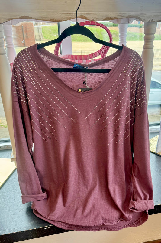 $24 SALE! Marisima Perfect Fit One Size Merlot Top with Rhinestones REG. $48.99