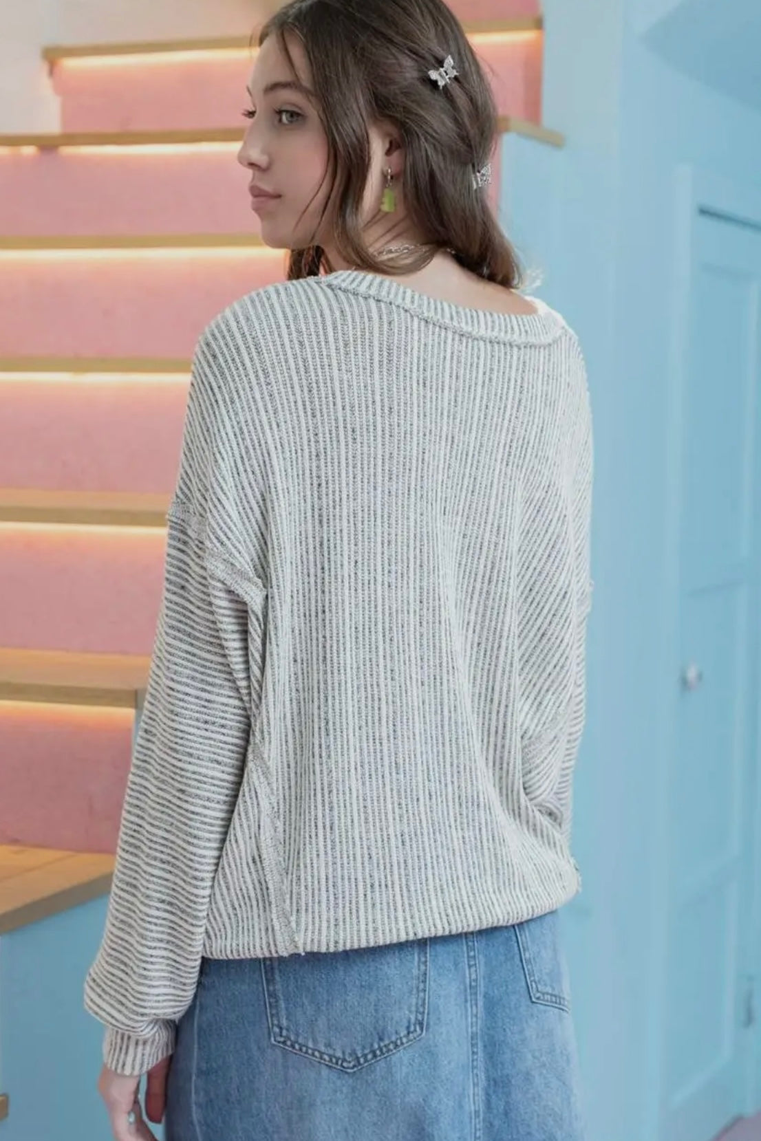 Long Sleeve Taupe Striped Ribbed V Neck Top