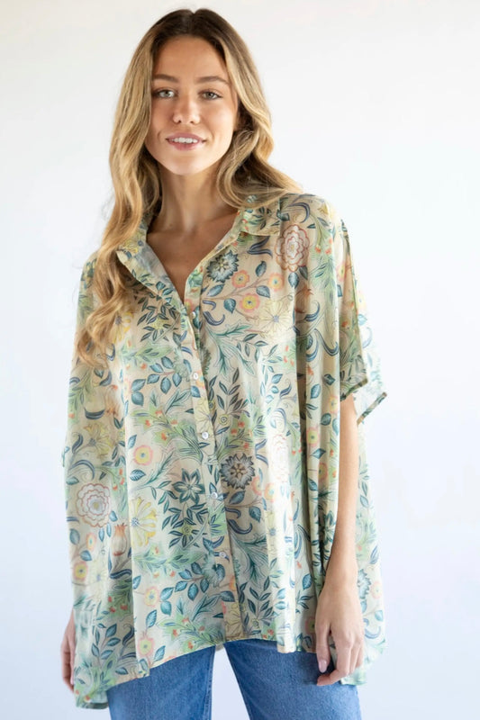 Natural Life Kelly One Size Button Down in Cream Floral with Blue Leaves