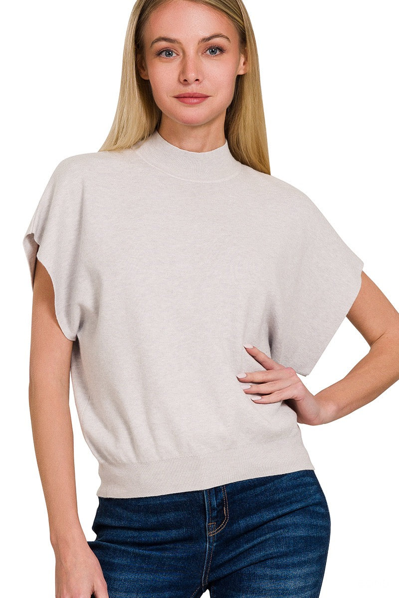 Bone Mock Neck Short Dolman Sleeve Lightweight Sweater Top