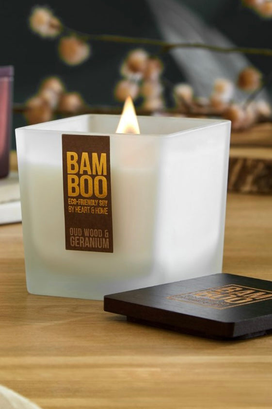 Bamboo Eco-Friendly Soy Candle- Oud Wood & Geranium - Large