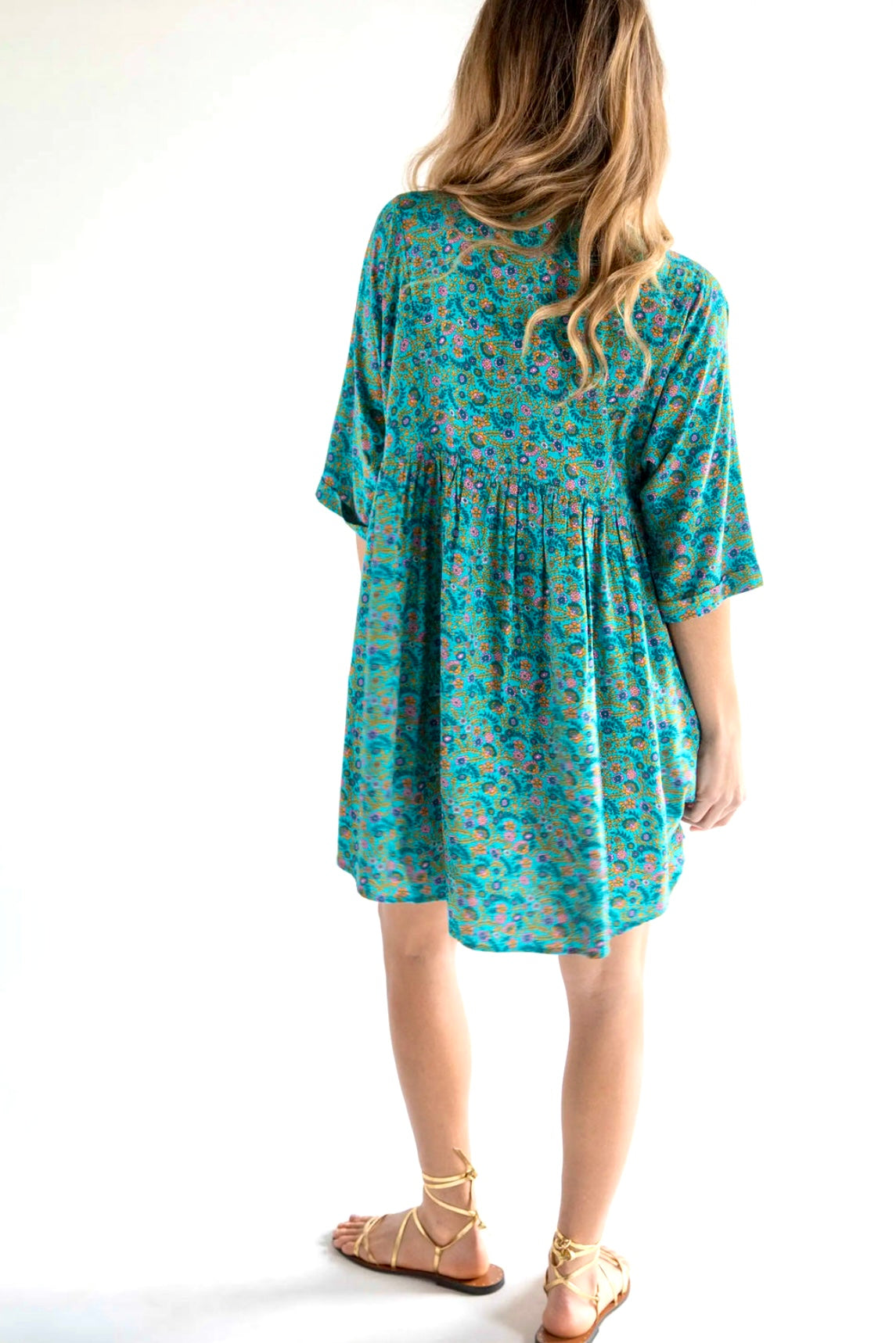 Natural Life Stella Short Dress Turquoise Ditsy Vine