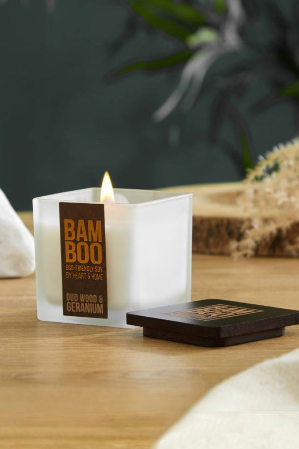 Bamboo Eco-Friendly Soy Candle- Oud Wood & Geranium - Small