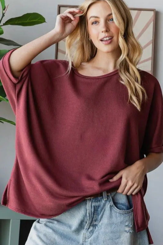 Wine French Terry Oversized Short Sleeve Top