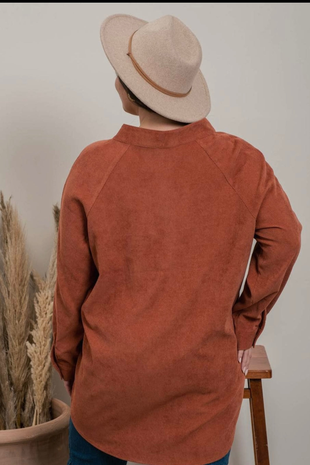 SALE!  Plus Corduroy Top (Shacket) with Side Pockets in Terracota- reg. $36.99