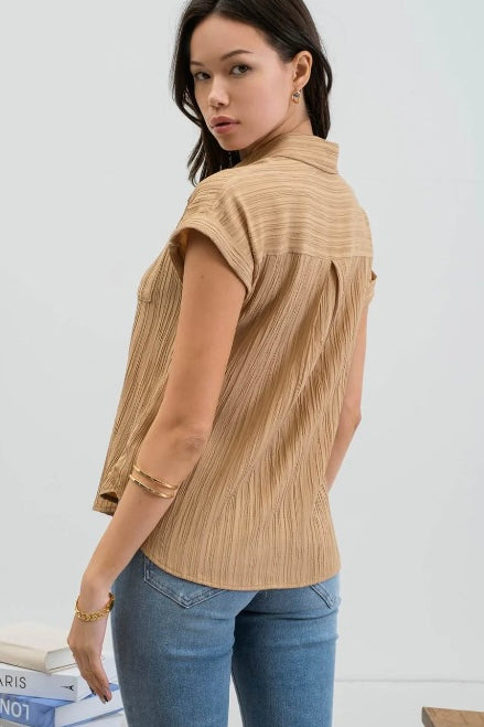 Khaki Crinkle Top with Rolled Sleeve