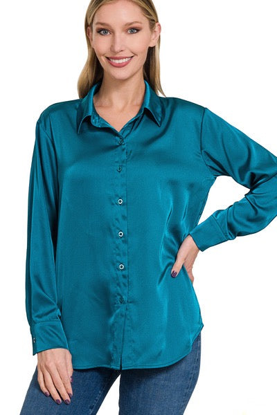 Teal Satin Button Down Blouse