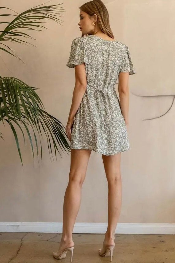 Light Olive Floral Button Up Short Sleeve Dress