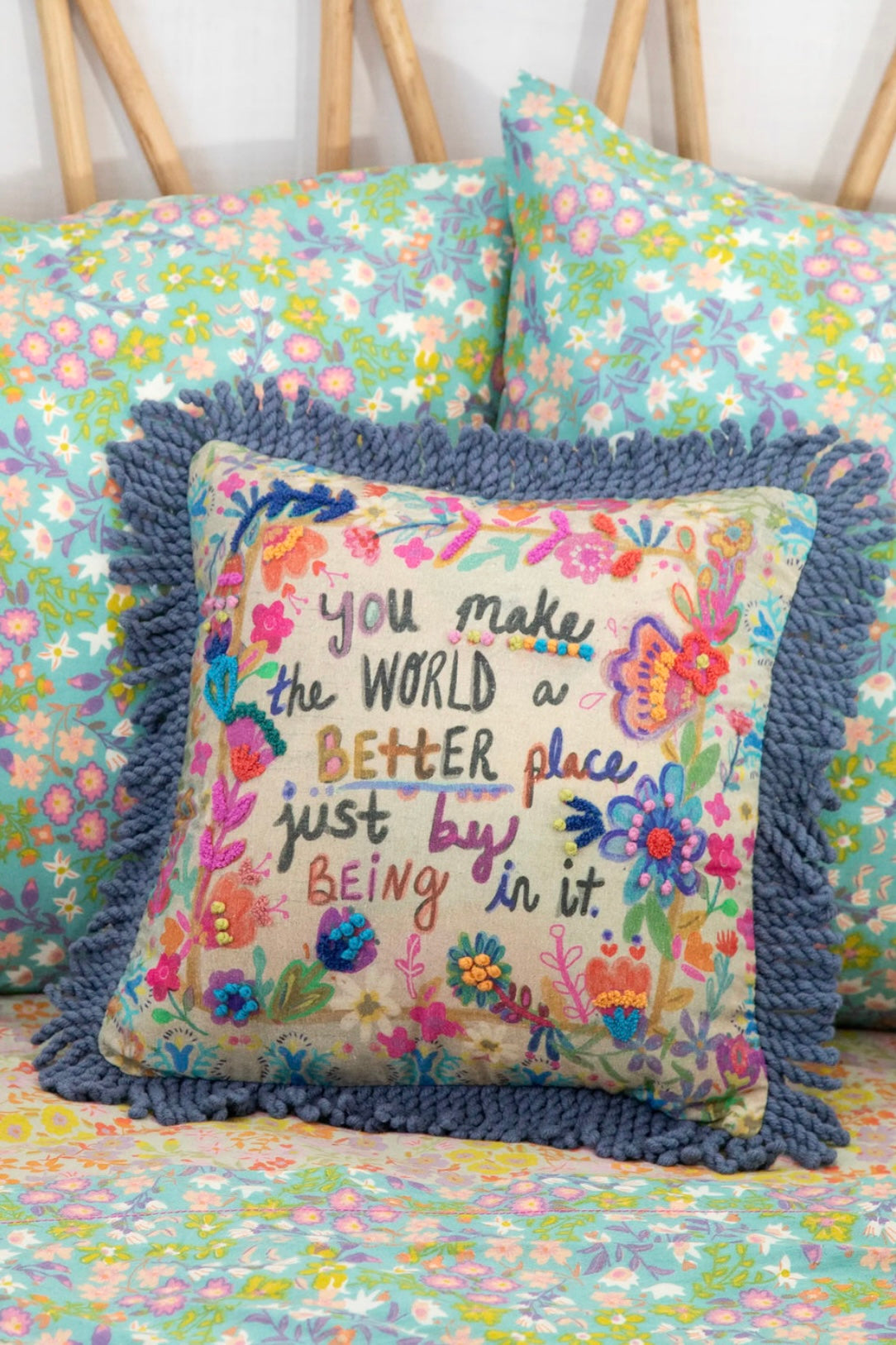 Natural Life Tufted Boho Pillow- You Make the World a Better Place