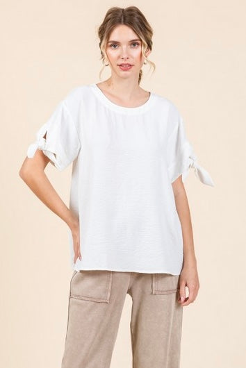 Jodifl White Short Sleeve Top with Tie Sleeve H40204