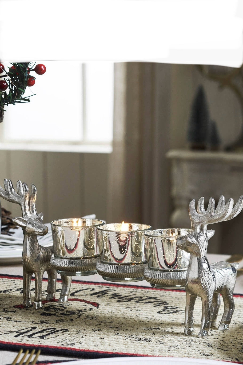 Three-Votive Mercury Glass Silver Reindeer Candle Holder