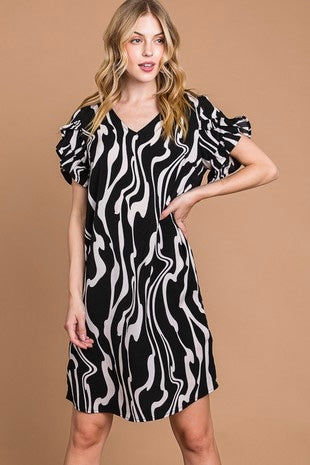 Black and Ivory Sheath Dress with Flutter Sleeve