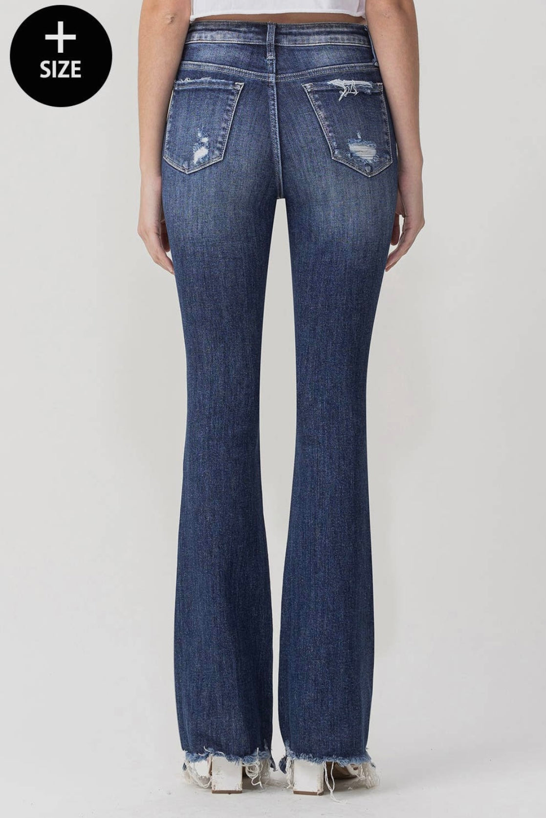 High Rise Super Stretch Slim Flare Distressed Jean in Dark Denim (14-22)