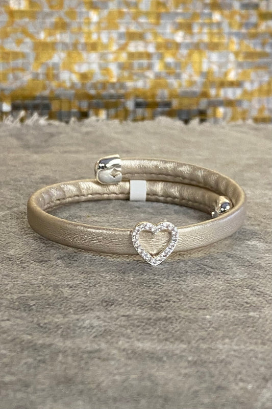 Gold Vegan Leather Wrap Bracelet with Silver Heart CZs