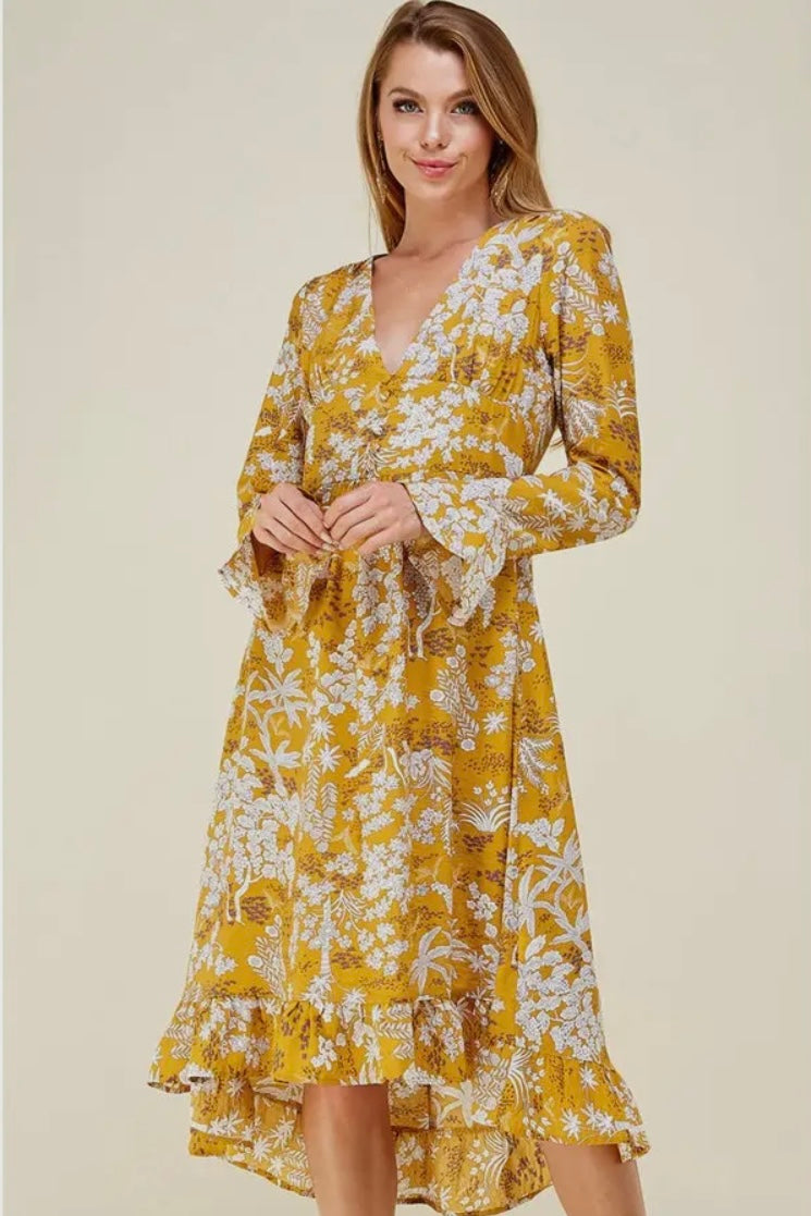 $15 SALE! Mustard Floral Hi Low Midi Dress reg. $32.99