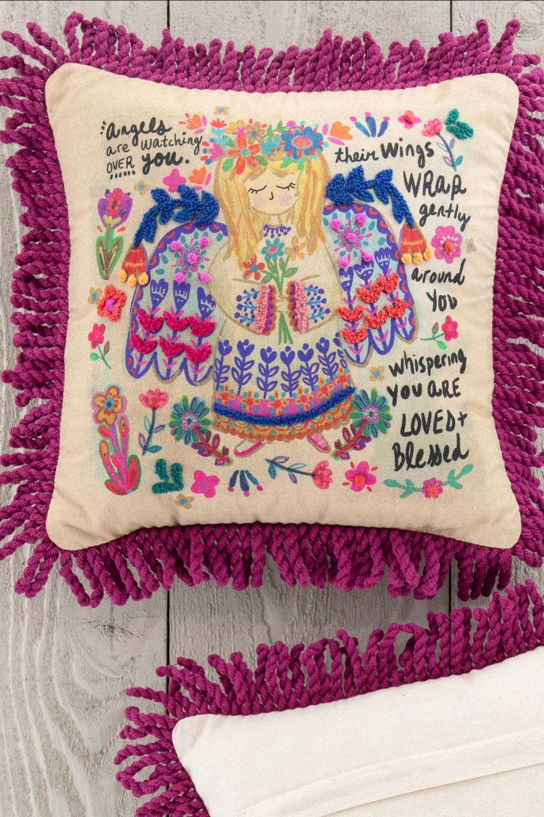 Natural Life Tufted Boho Pillow- Angels Are Watching Over You