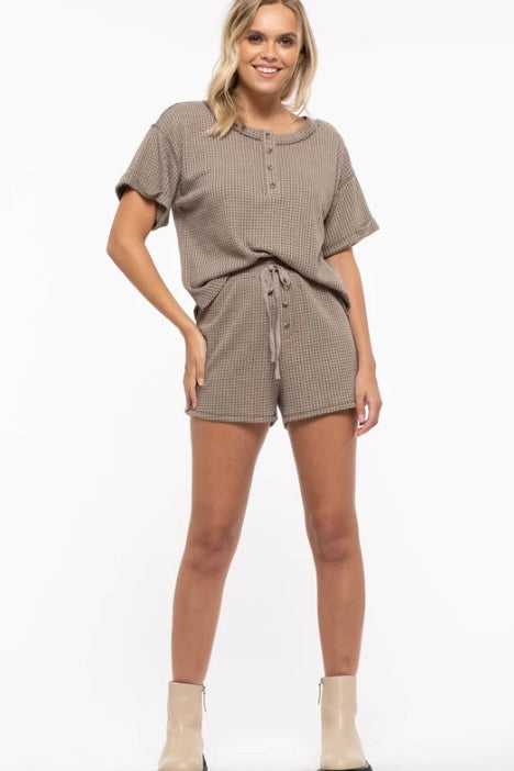 Light Olive Waffle Knit Shorts and Top Casual Set